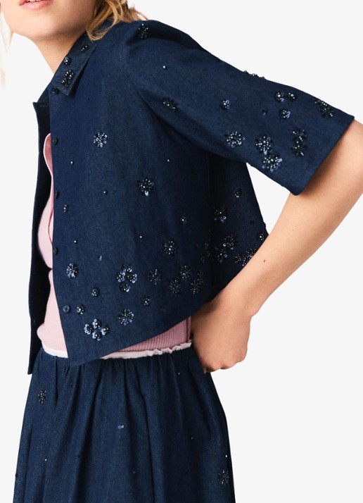 Maje Cropped blouse met kralendecoratie - detail 3 donkerblauw