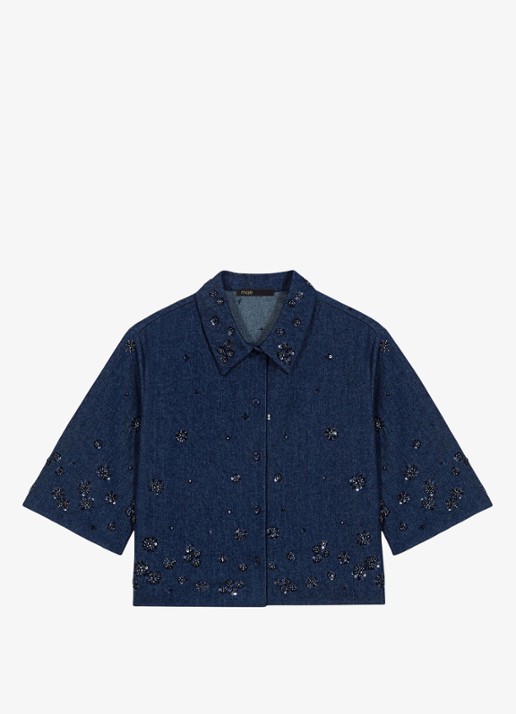 Maje Cropped blouse met kralendecoratie - voorkant 5 donkerblauw