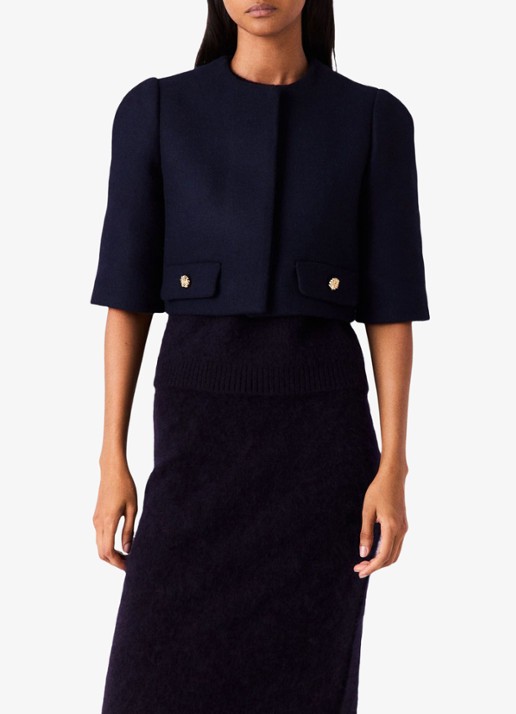 Maje Cropped jack in wolblend met afneembare sjaal - detail 6 donkerblauw