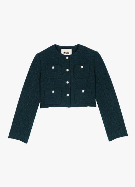 Maje Cropped jack met tweed-look - voorkant 6 donkergroen