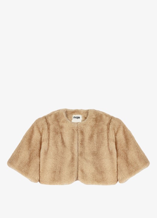 Maje Cropped jack van imitatiebont met broche en afneembare kraag - detail 4 beige