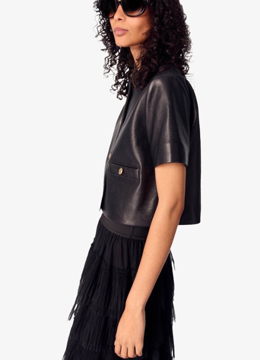 Maje Cropped jack van leer met steekzakken - detail 8 zwart