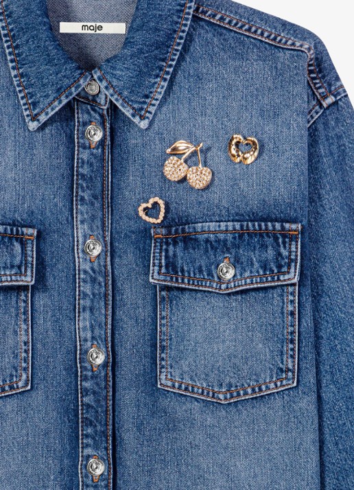 Maje Denim overshirt met sierlijke pins - detail donkerblauw