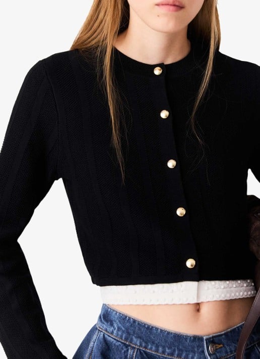 Maje Fijngebreid cropped vest met ronde hals - detail 7 zwart