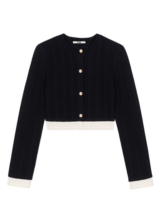Maje Fijngebreid cropped vest met ronde hals - voorkant 2 zwart