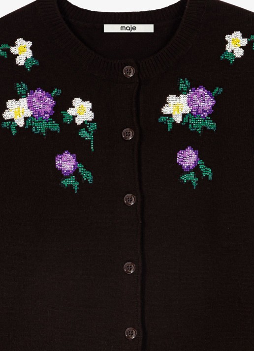 Maje Fijngebreid vest in wolblend met kralendecoratie - detail 5 donkerbruin