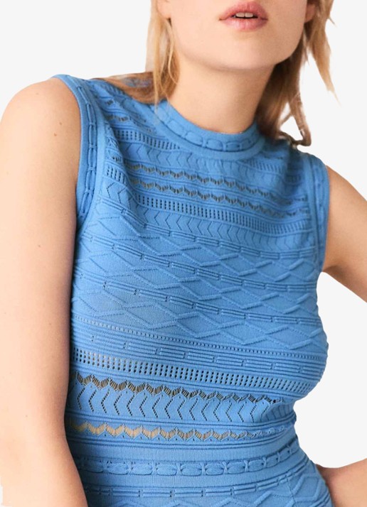 Maje Fijngebreide midi jurk met opengewerkt dessin - detail 6 blauw
