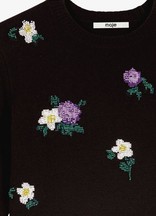 Maje Fijngebreide pullover van wol met bloemborduring - detail 5 bruin
