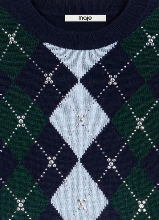 Maje Fijngebreide trui met ruitdessin - detail navy/green