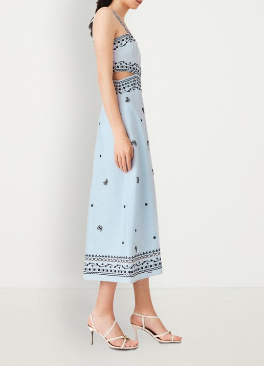 Maje Geborduurd linnen blend maxi jurk - detail lichtblauw
