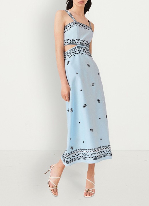 Maje Geborduurd linnen blend maxi jurk - detail 2 lichtblauw
