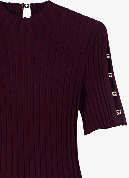 Maje Gebreide midi-jurk met plissérok - detail bordeauxrood