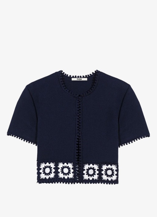 Maje Gecropte vest met haakwerkinzet - voorkant 2 donkerblauw