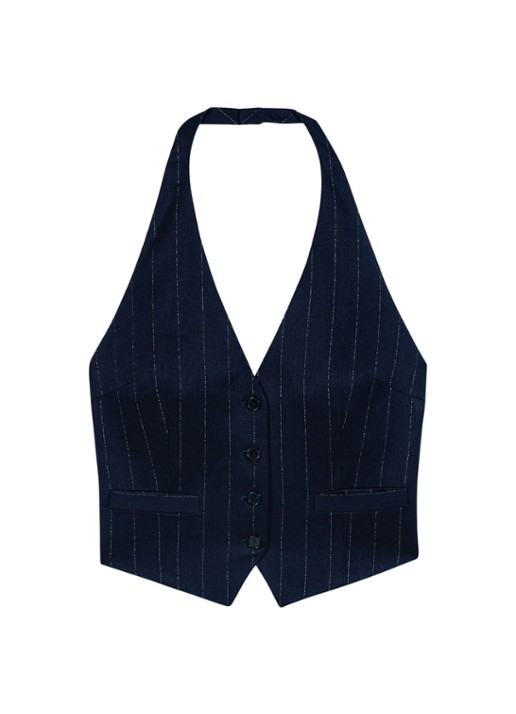 Maje Gilet in wolblend met krijtstreep - voorkant 7 donkerblauw