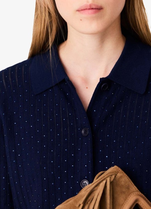 Maje Grofgebeid vest in wolblend met strass - detail 7 donkerblauw