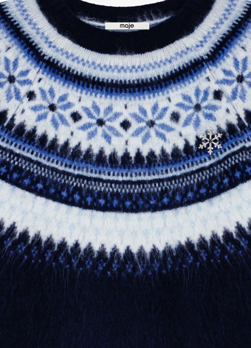 Maje Grofgebreide pullover met ingebreide print - detail 5 donkerblauw