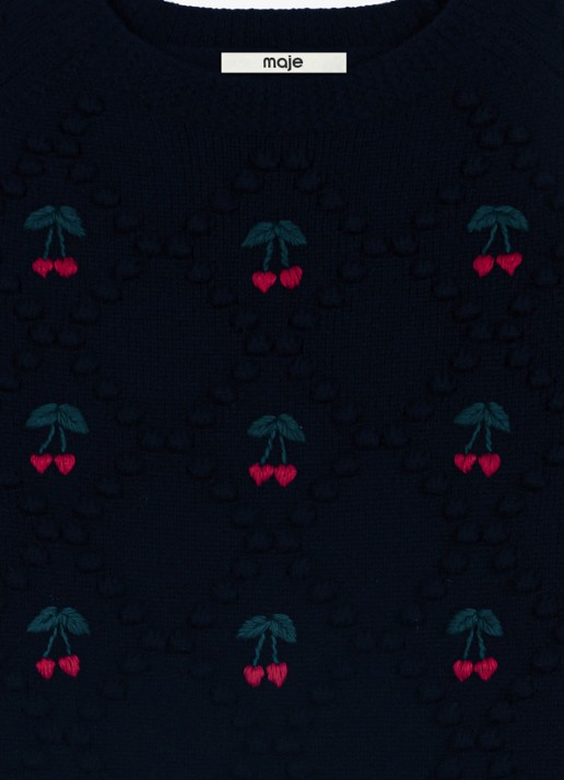 Maje Grofgebreide pullover van wol met borduring - detail donkerblauw