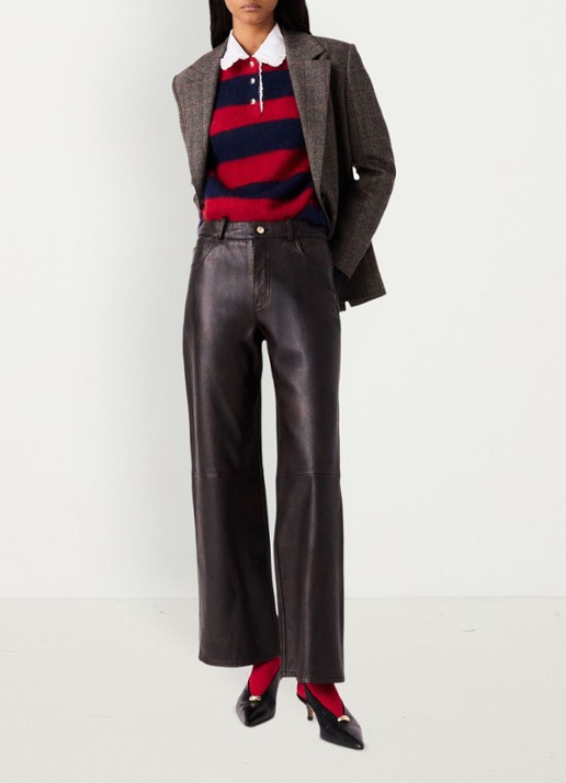 Maje High waist straight fit broek van lamsleer - detail 5 donkerbruin