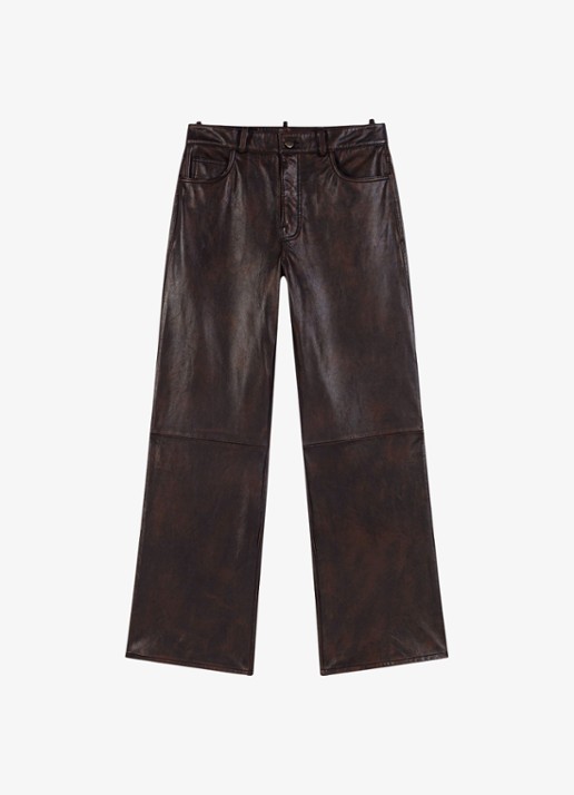 Maje High waist straight fit broek van lamsleer - voorkant 2 donkerbruin