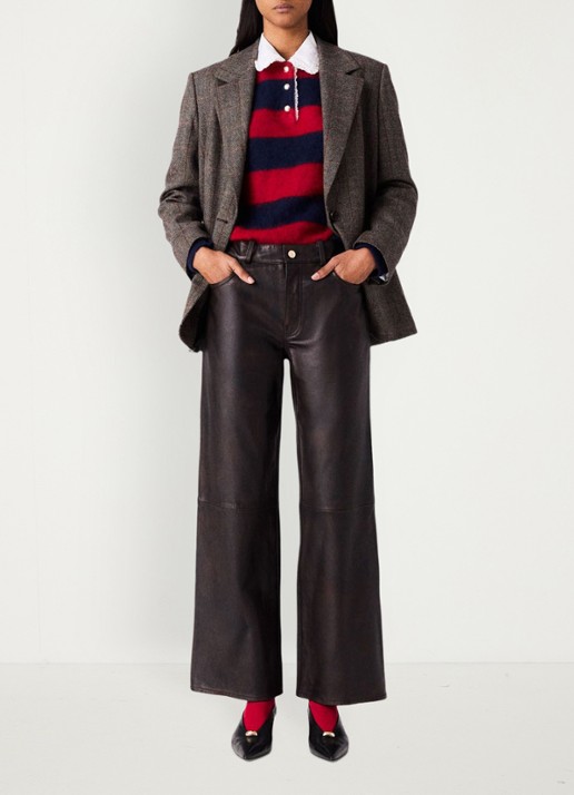 Maje High waist straight fit broek van lamsleer - voorkant 3 donkerbruin