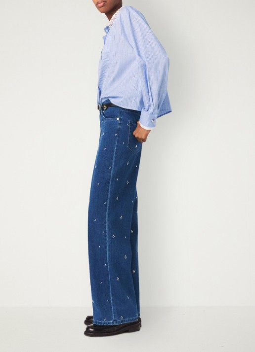 Maje High waist wide fit jeans met strass - detail donkerblauw