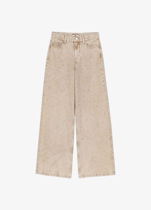 Maje High waist wide fit jeans met strass - voorkant 2 beige / beige