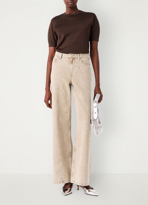 Maje High waist wide fit jeans met strass - voorkant 3 beige / beige