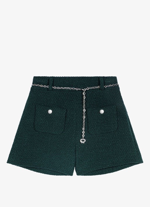 Maje High waist wide fit korte broek met tweed-look - voorkant donkergroen