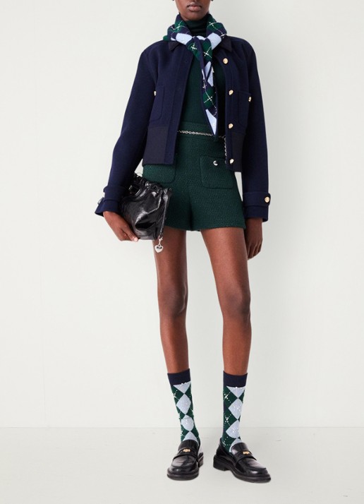 Maje High waist wide fit korte broek met tweed-look - voorkant 2 donkergroen