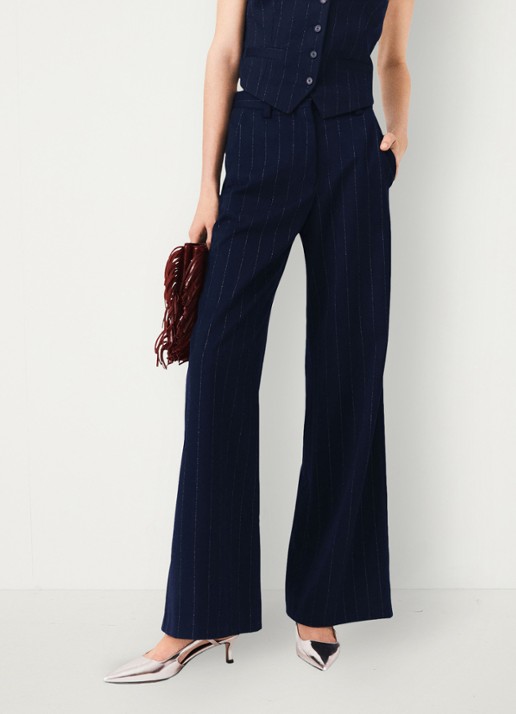 Maje High waist wide fit pantalon in wolblend met krijtstreep - detail 6 donkerblauw