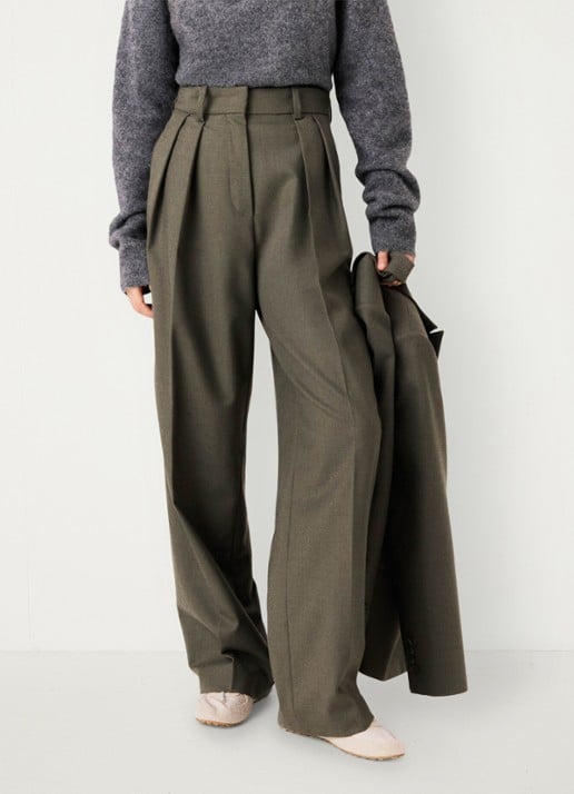 Maje High waist wide fit pantalon in wolblend - detail 3 legergroen