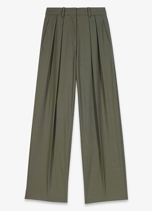 Maje High waist wide fit pantalon in wolblend - voorkant 7 legergroen