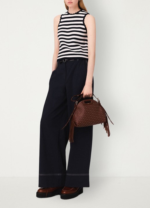Maje High waist wide fit pantalon met ceintuur - voorkant 3 donkerblauw