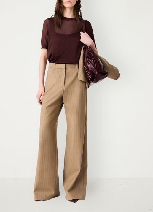Maje High waist wide fit pantalon met streepprint - voorkant 8 beige