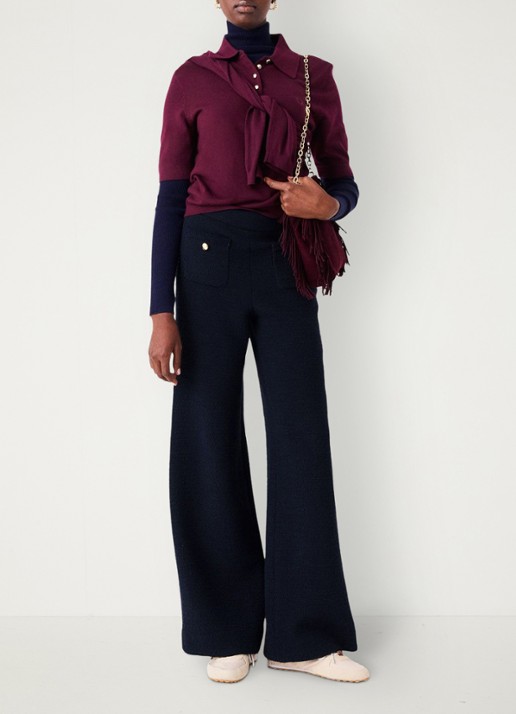 Maje High waist wide fit pantalon met tweed-look - voorkant 3 donkerblauw