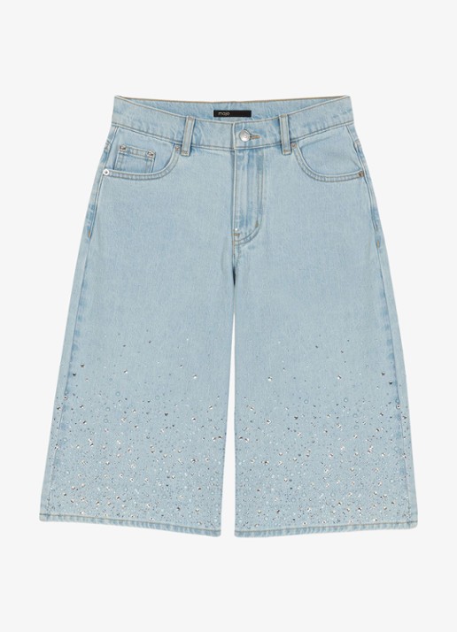 Maje Ipyros loose fit korte broek van denim met strass - voorkant 4 indigo