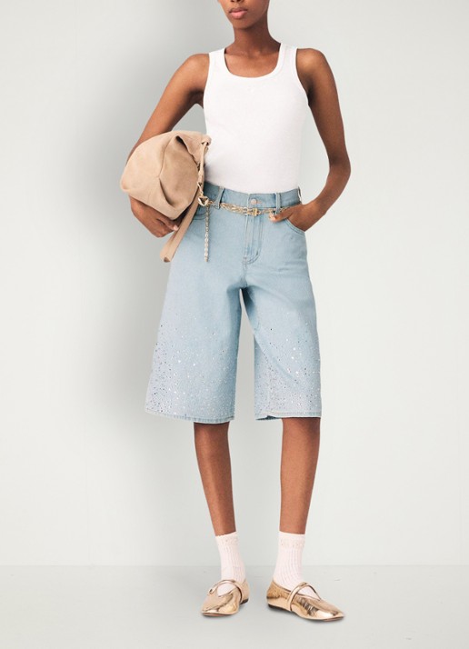 Maje Ipyros loose fit korte broek van denim met strass - voorkant 5 indigo