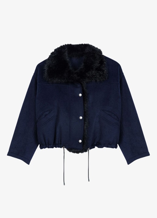 Maje Jack in wolblend met details van imitatiebont en steekzakken - voorkant donkerblauw