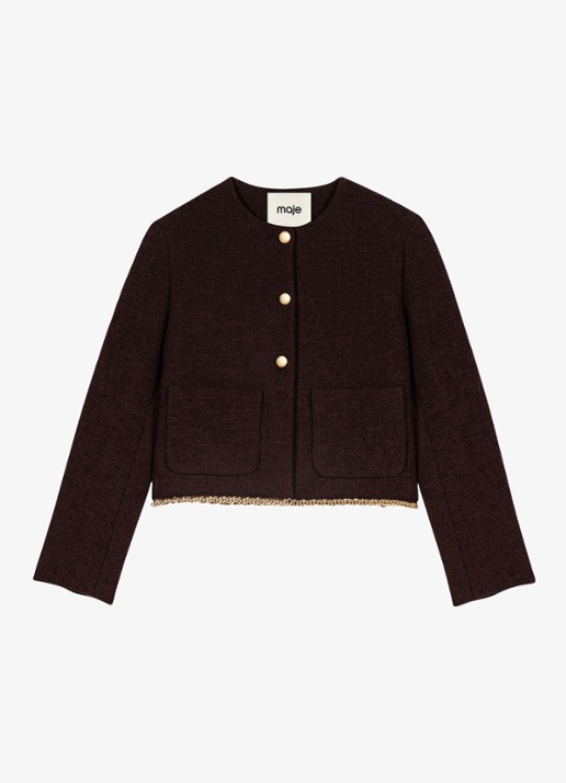 Maje Jack met tweed-look en kettingdetail - voorkant 6 donkerbruin