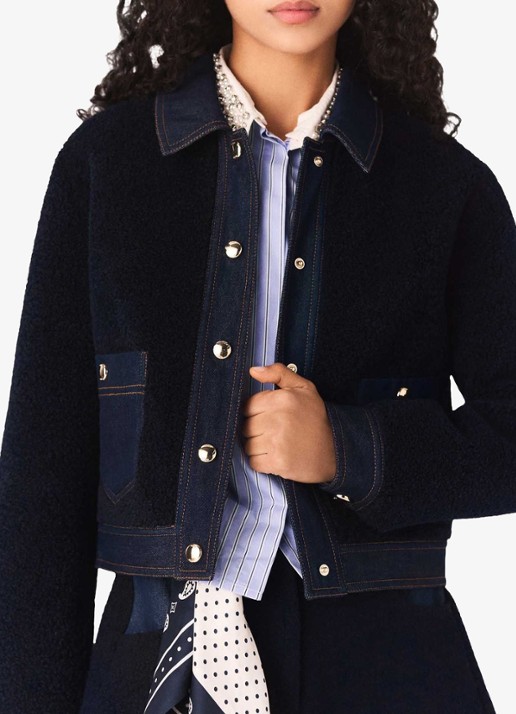 Maje Jack van bouclé  met details van denim - detail 5 donkerblauw