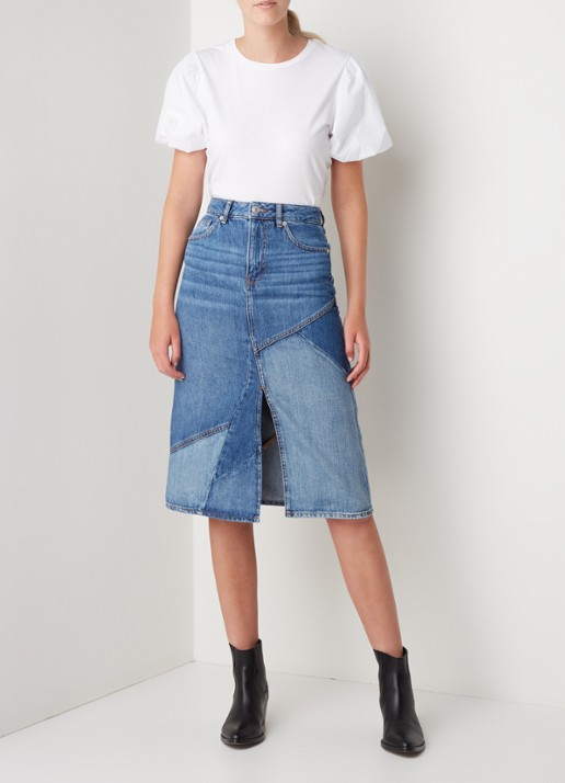 Maje Justine midi spijkerrok met patchwork - voorkant 3 jeans