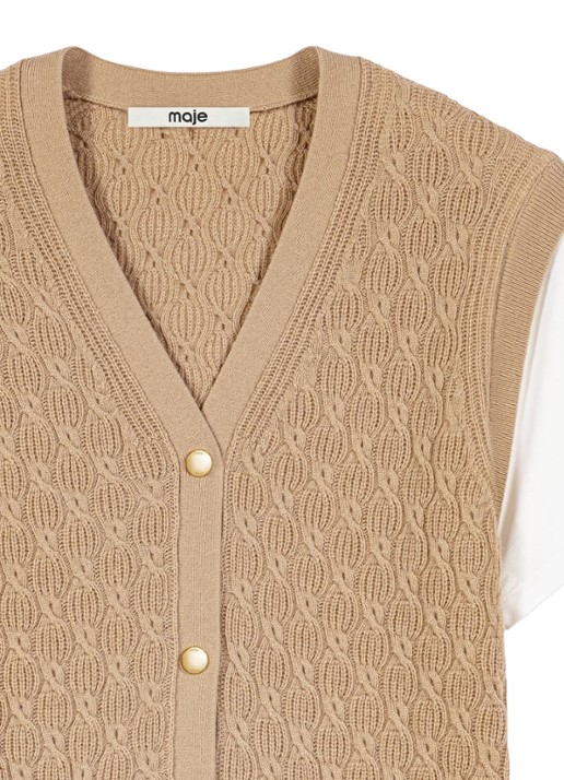 Maje Kabelgebreid gilet in kasjmierblend met opgestikte zakken - detail 7 beige