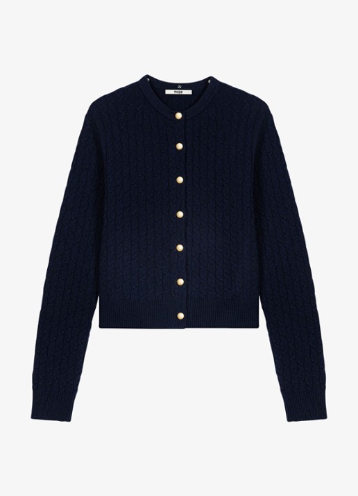Maje Kabelgebreid vest met afneembare kraag - detail 3 donkerblauw