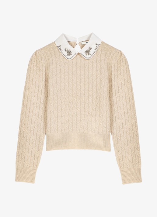 Maje Kabelgebreide trui in kasjmierblend met strass  - voorkant 5 beige