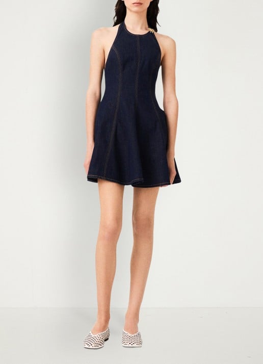 Maje Korte denim jurk met broche - voorkant 8 donkerblauw
