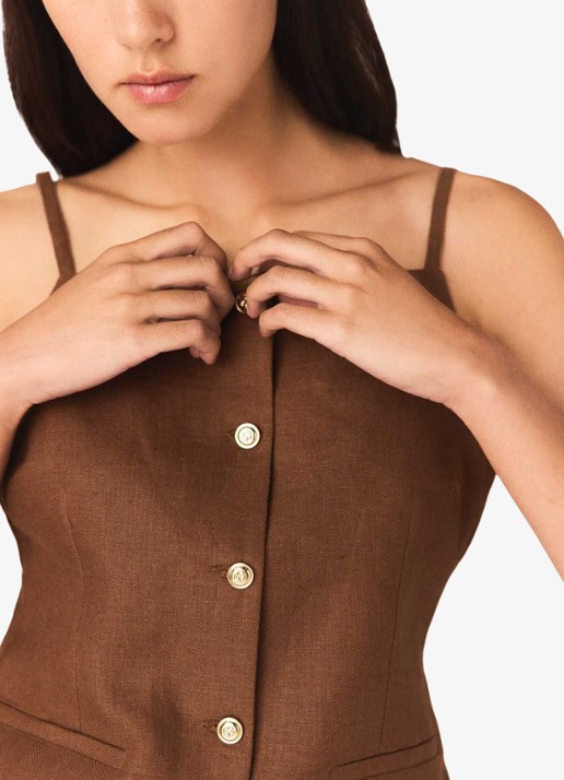 Maje Lilicao gilet van linnen met paspelzakken - detail 6 bruin