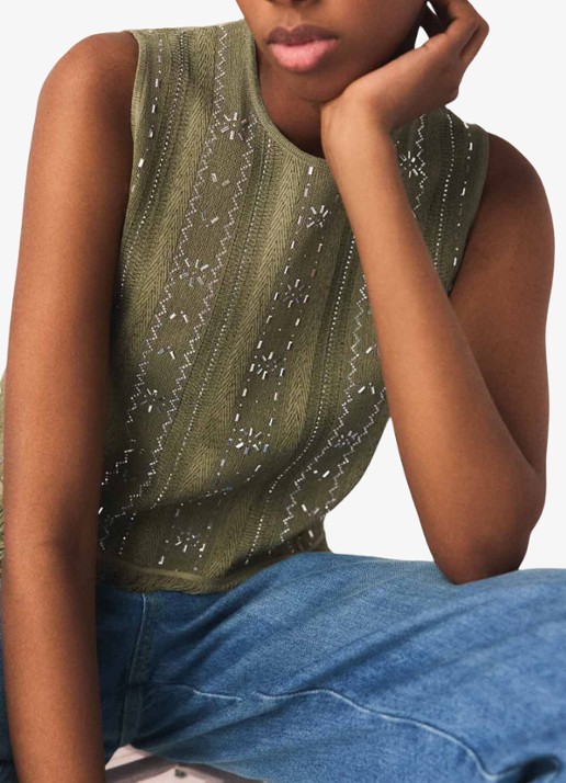 Maje Lilurex tanktop met strass en franjes - detail 5 legergroen