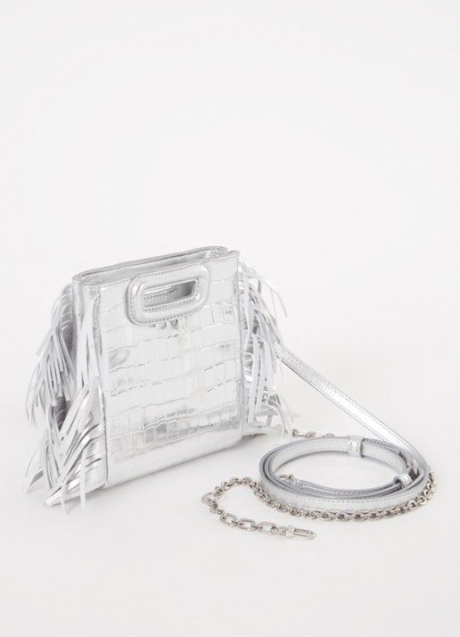 Maje M bag Mini handtas van schapenleer met franjes en crocostructuur - achterkant zilver
