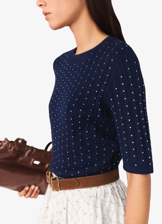 Maje Mapola fijngebreide trui met strass - detail 5 donkerblauw
