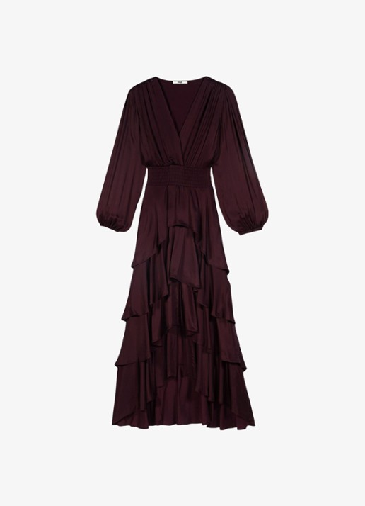 Maje Maxi jurk met volant en ballonmouw - detail 3 bordeauxrood